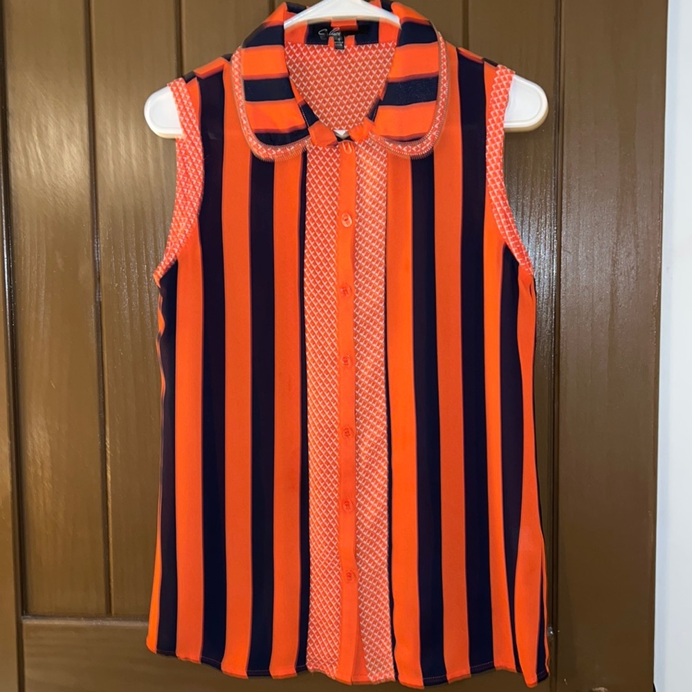 Semi sheer button front top!! Navy and orange..unique colors together